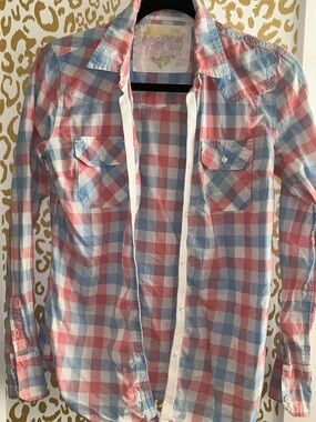 Source Unknown Pink and Blue Plaid Button-Down Shirt JUNIOR SIZE M